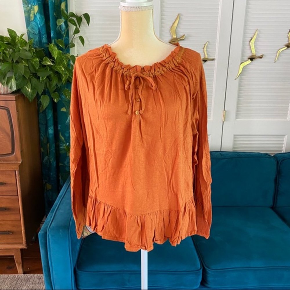Easel Erica Long Sleeve Cotton Slub Henley Babydoll Tunic Pumpkin Orange Medium - Picture 3 of 14